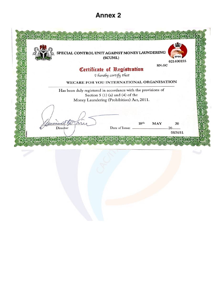 Special Control Unit Against Money Laundering certificate of registration for WeCare For You International Organisation.